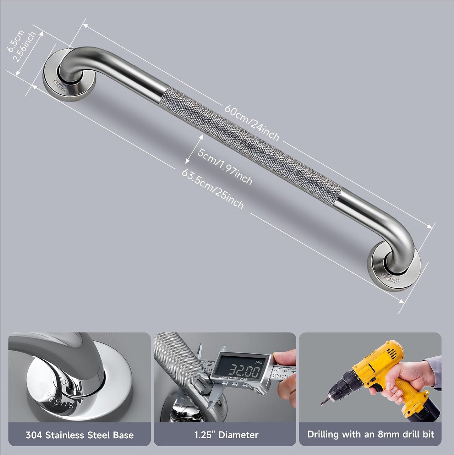 Barra agarre ducha 24pulg acero inox 304 antideslizante