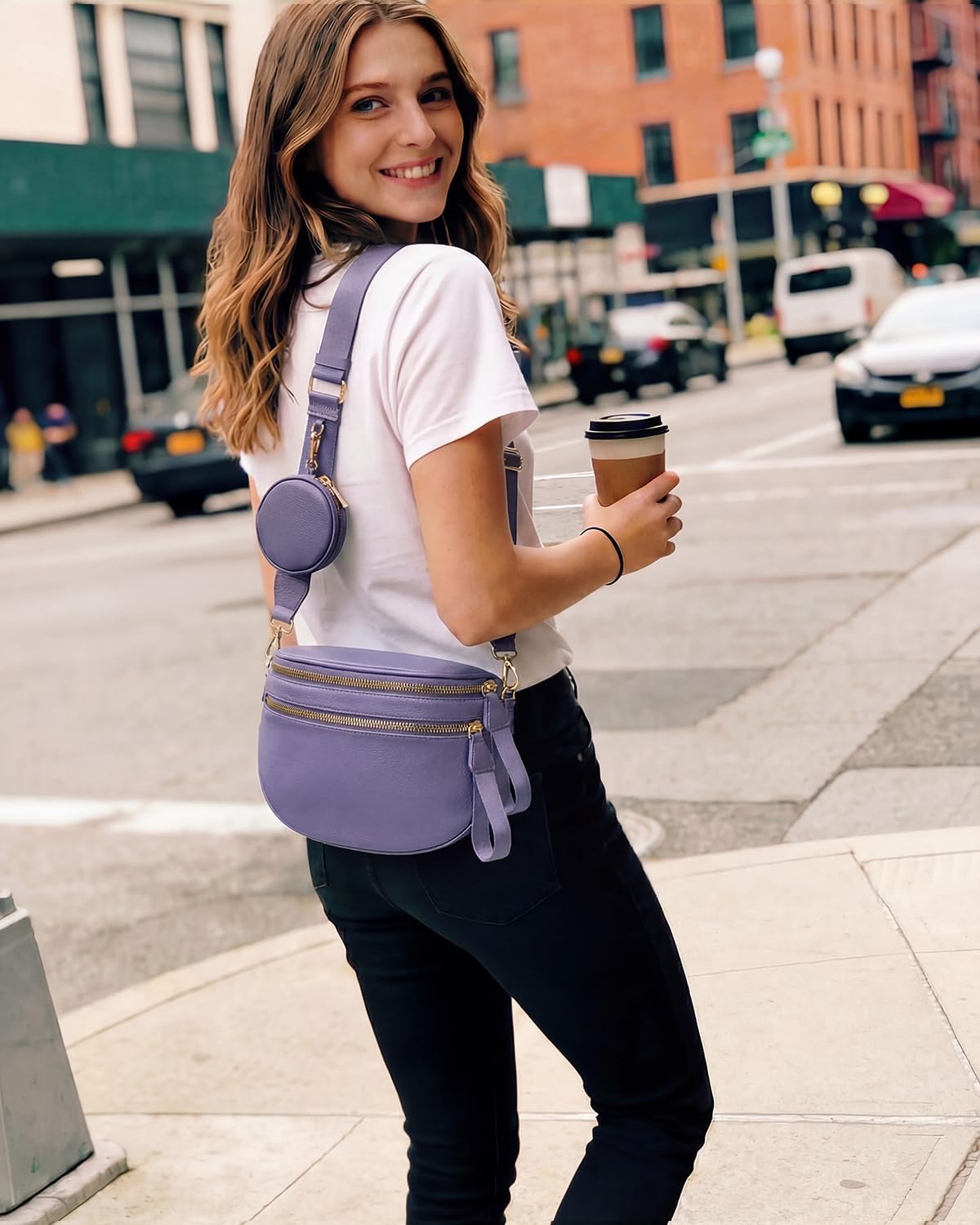 Bolso bandolera cuero mujer correa ajustable púrpura