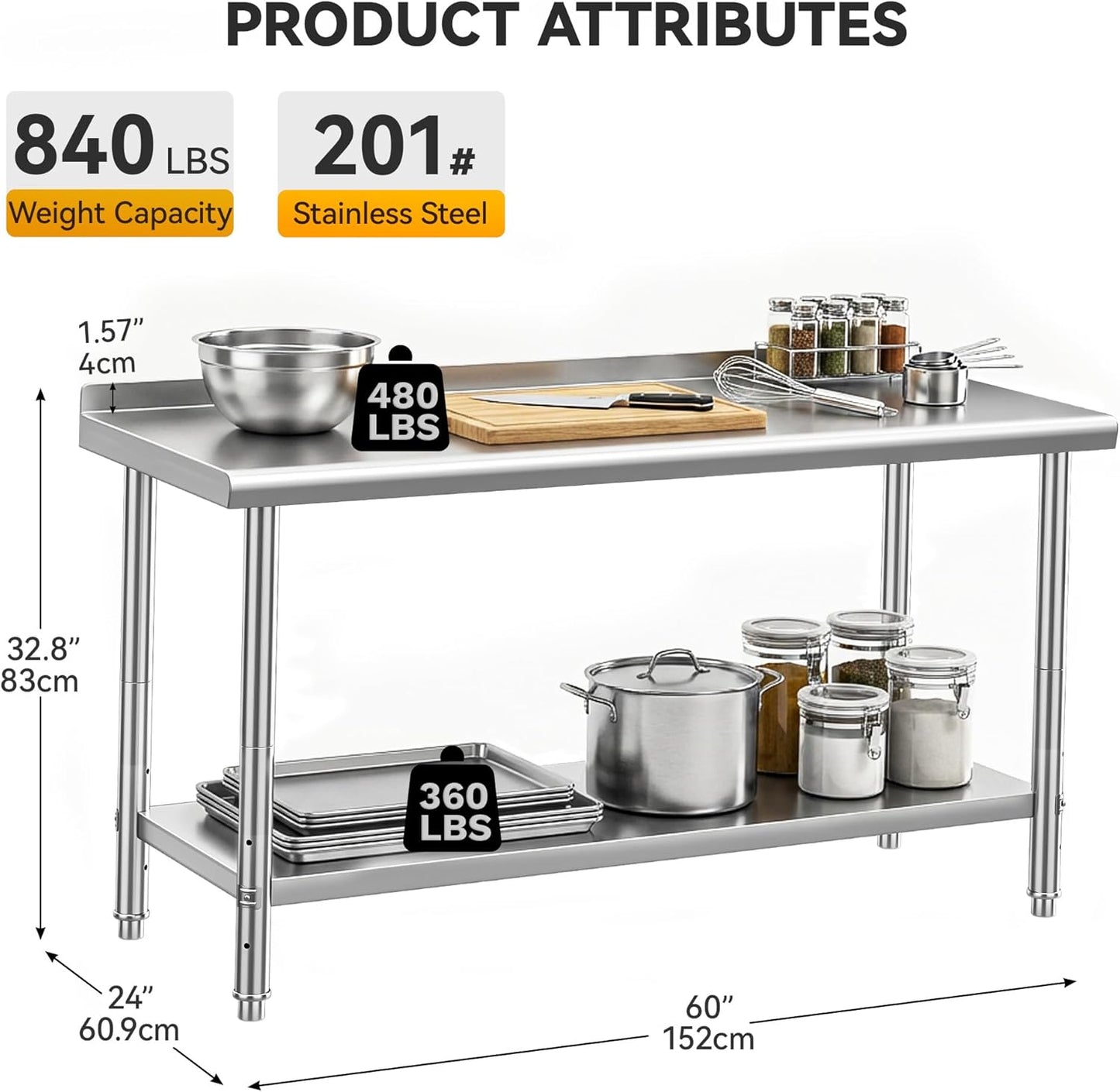 Mesa acero inox 60x24pulg NSF protector salpicaduras cocina