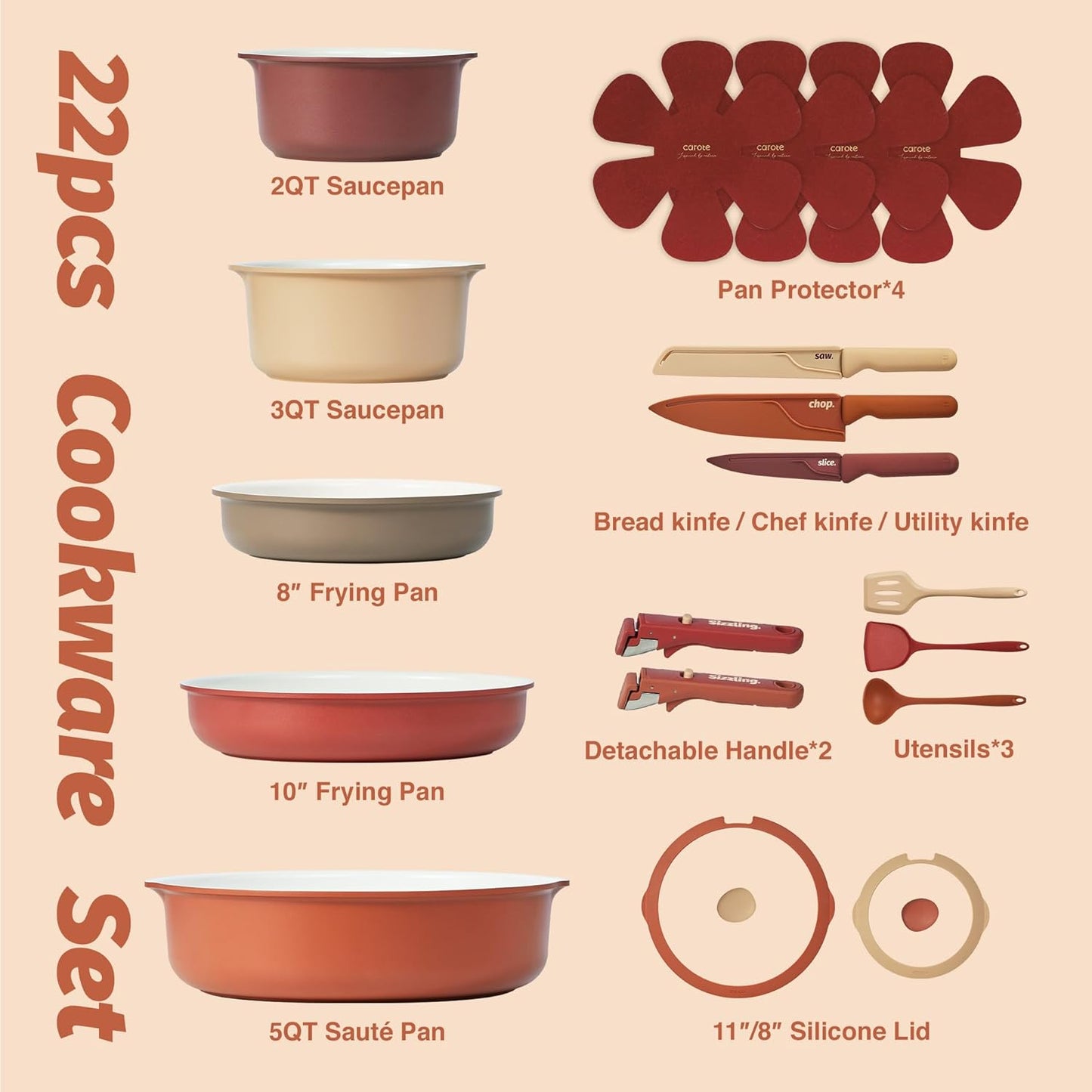 Juego 22 utensilios de cocina cerámica con mango desmontable antiadherente