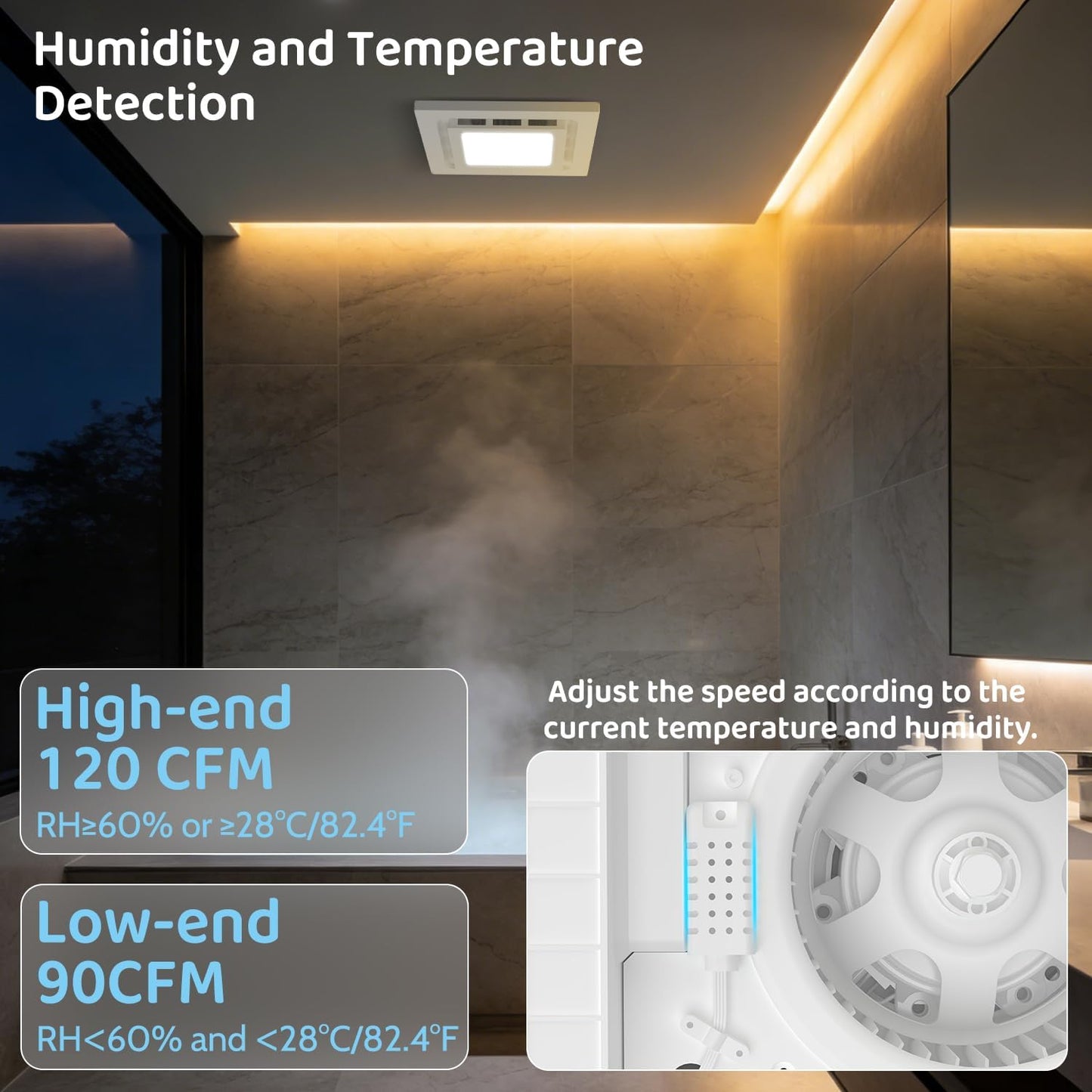 Extractor baño con luz LED sensor humedad 9.8pulg 120CFM