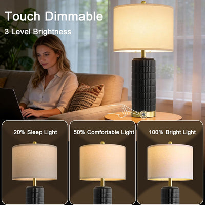 2 Lámparas Mesa Cerámica 25pulg USB Textura Mate Negra