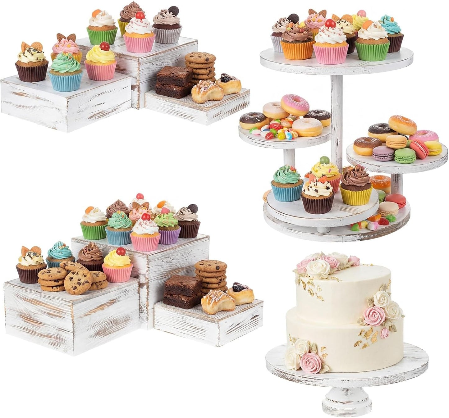Set 8 Soportes Tartas Madera Rústica Bandeja Escalonada Blanco