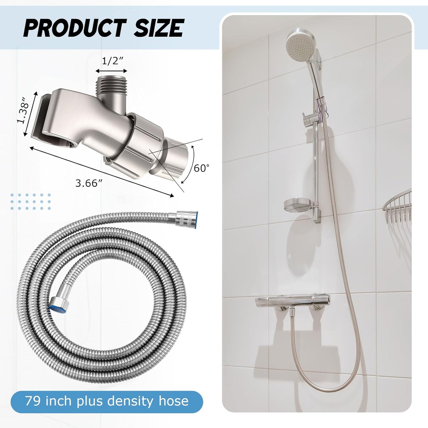 Manguera ducha acero inox 79pulg soporte ajustable plata cepillada