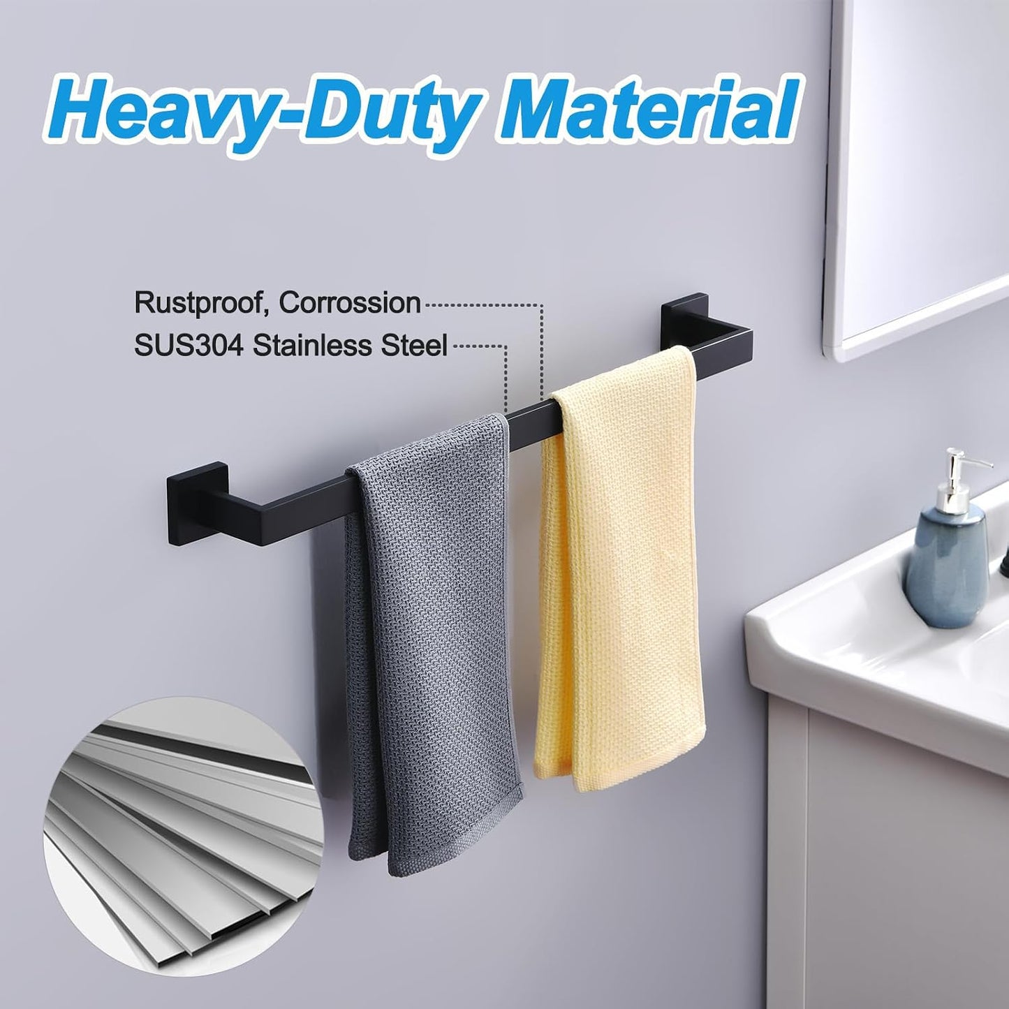 Toallero baño 24pulg acero inox soporte cuadrado grueso negro mate