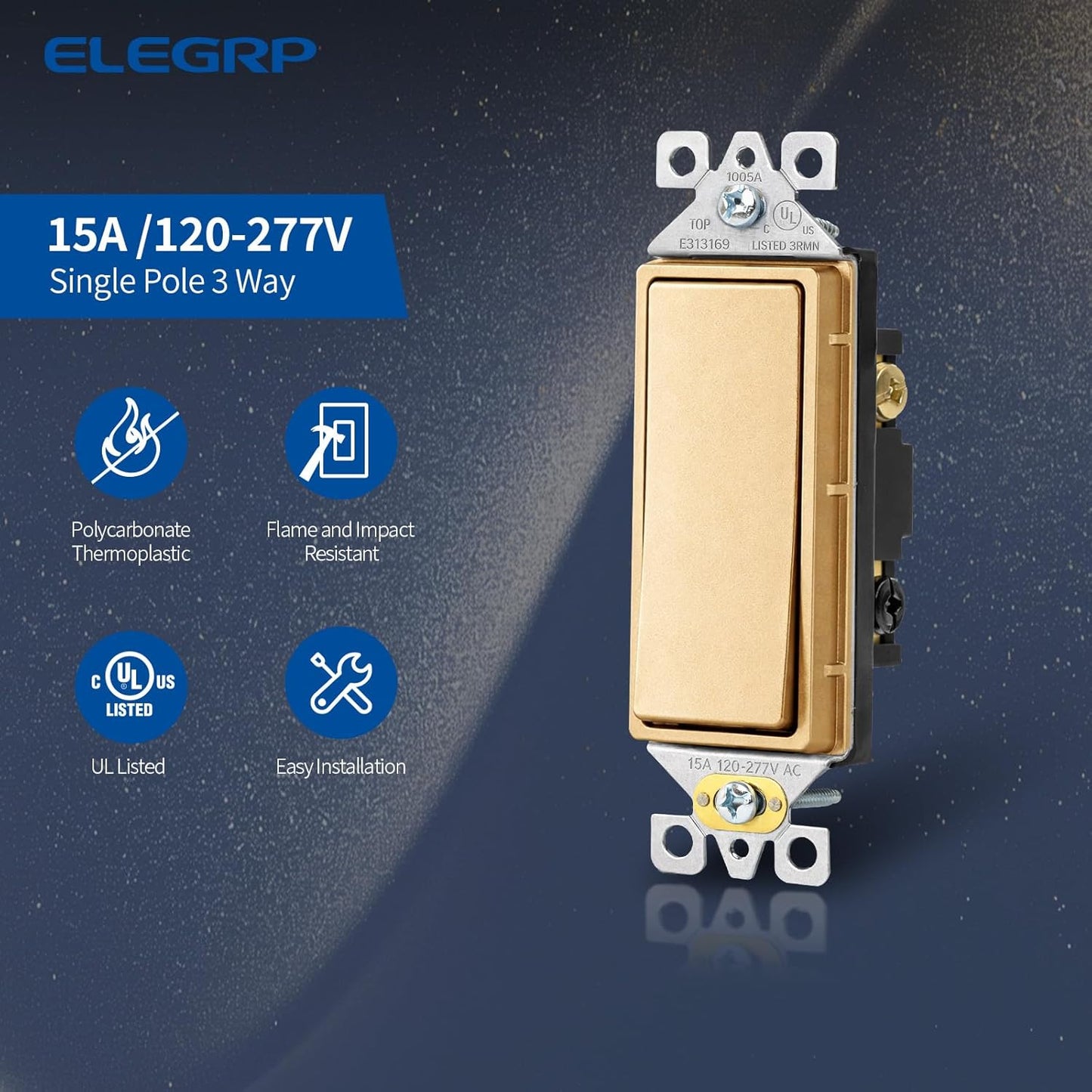 Interruptor luz decorativo 3 vías dorado mate 15A 120-277V