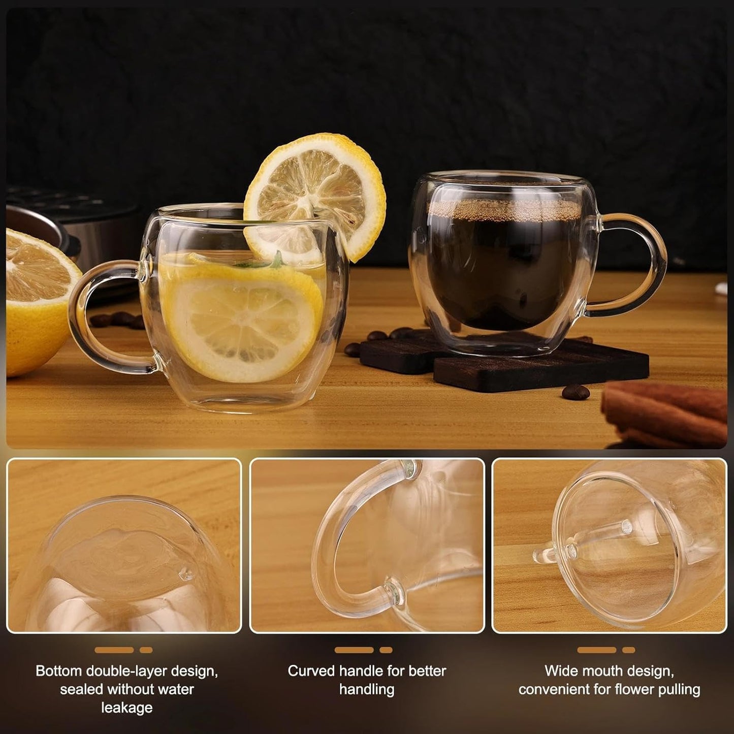 Juego de 4 tazas de espresso transparentes con asa y aislamiento doble