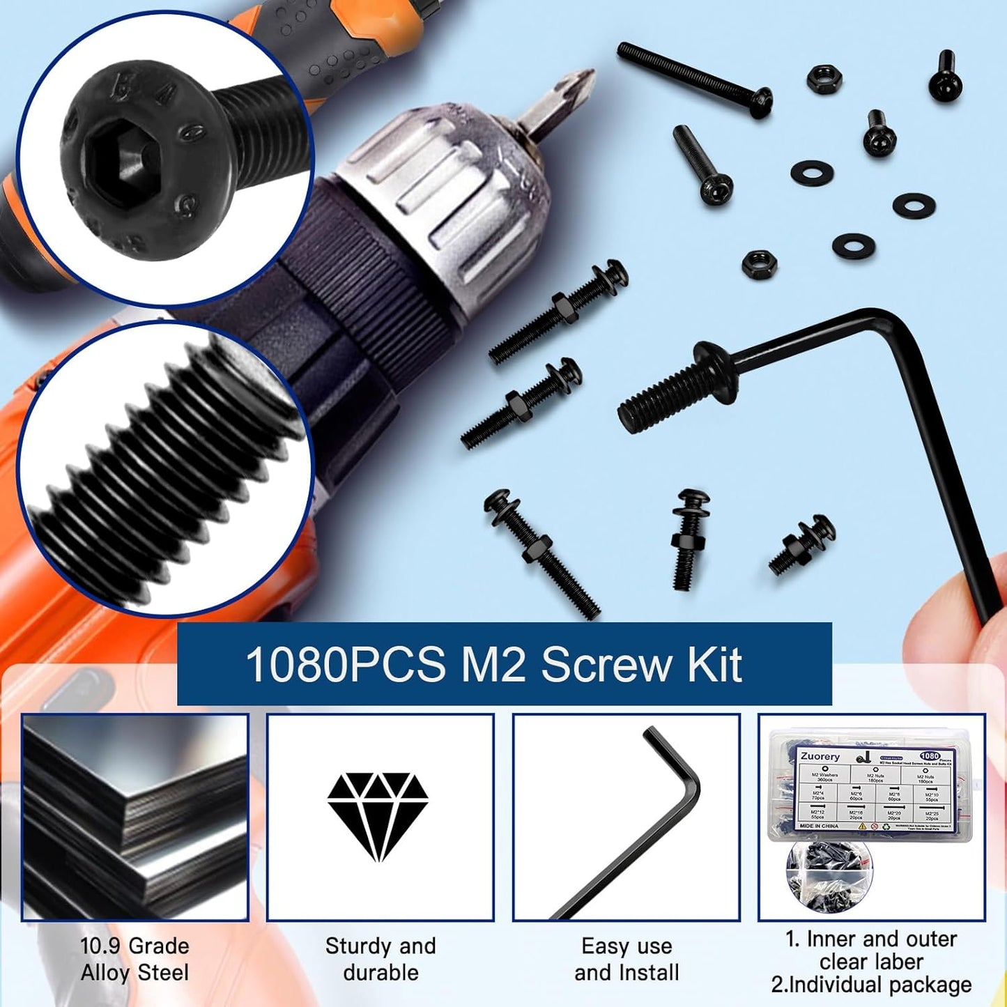 Kit surtido M2x4-20 1080pzas acero grado 10.9
