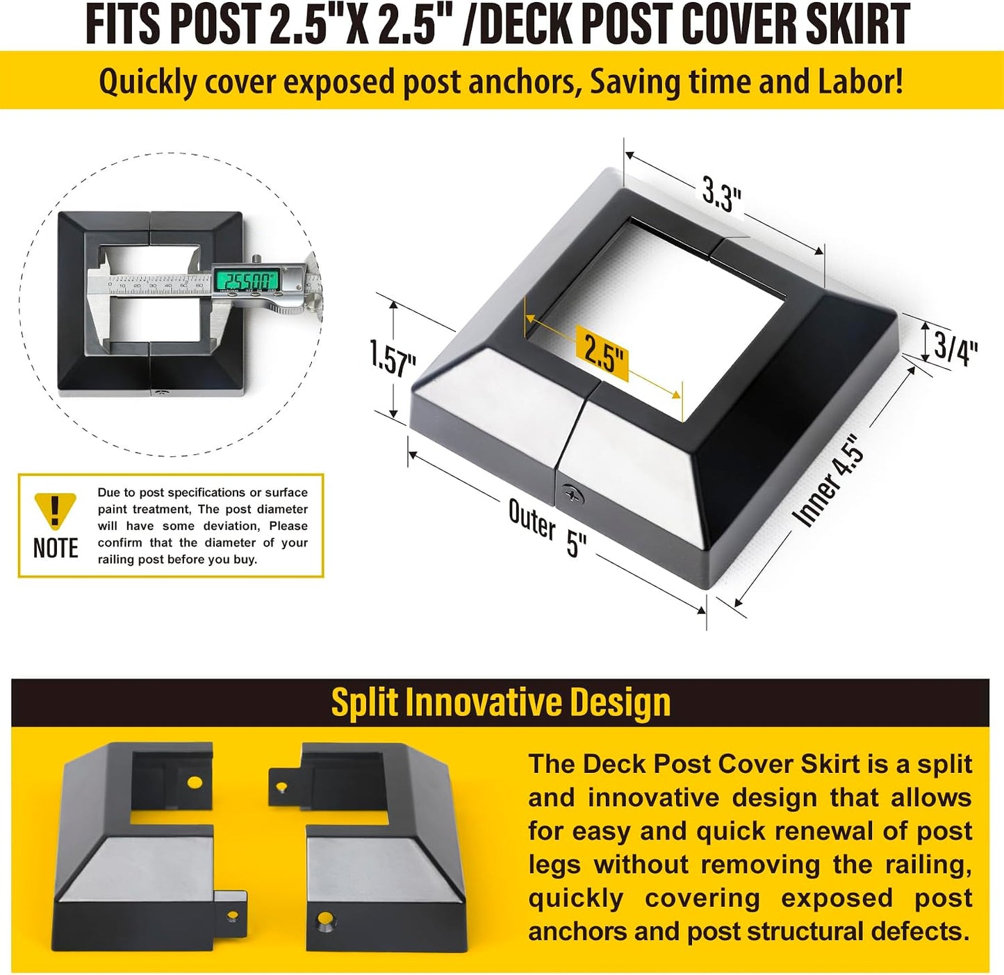 Pack 2 Cubiertas Aluminio Base Poste 2.5pulg Faldas Divididas Negro