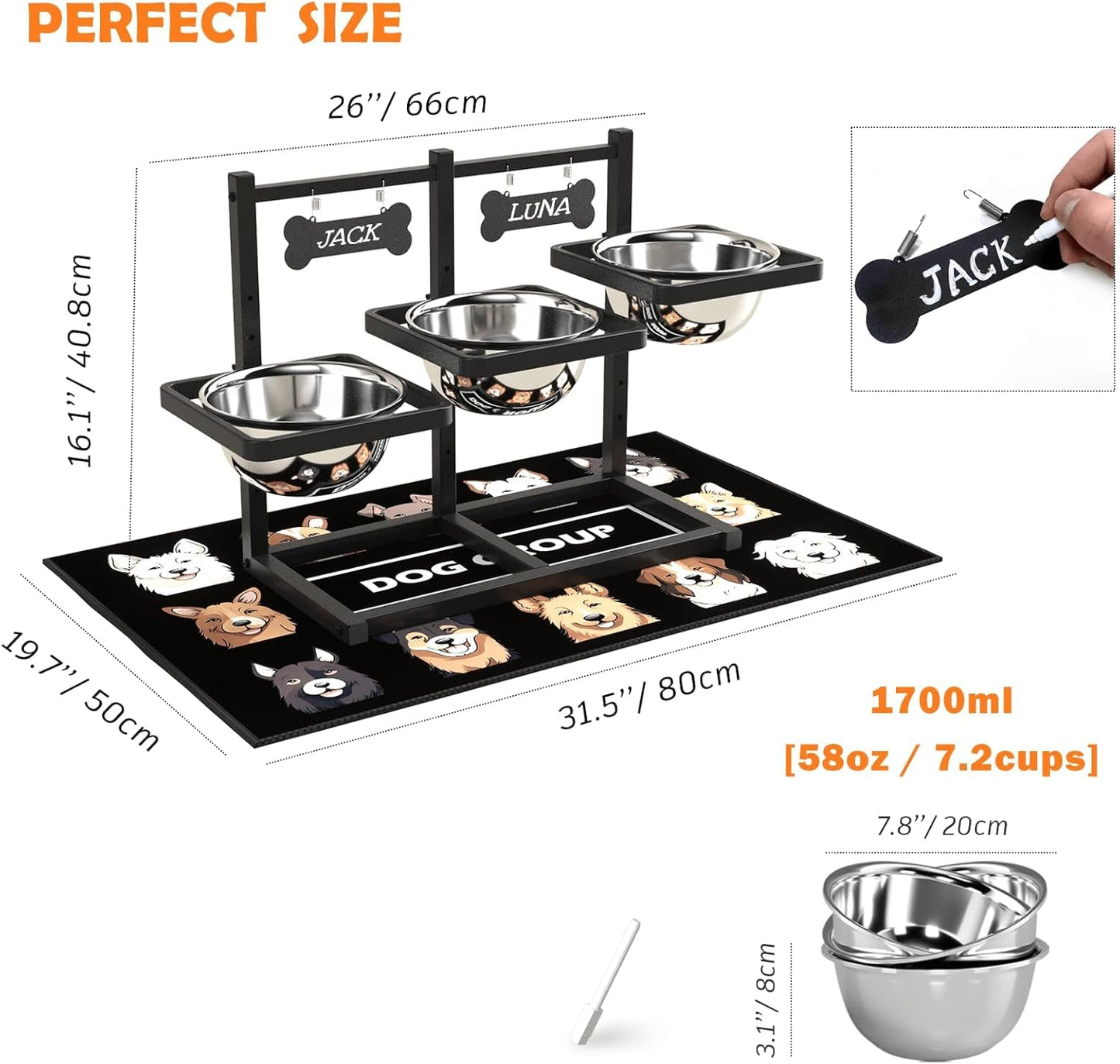 Cuencos perros grandes 6 alturas ajustables 3 cuencos 57.5oz