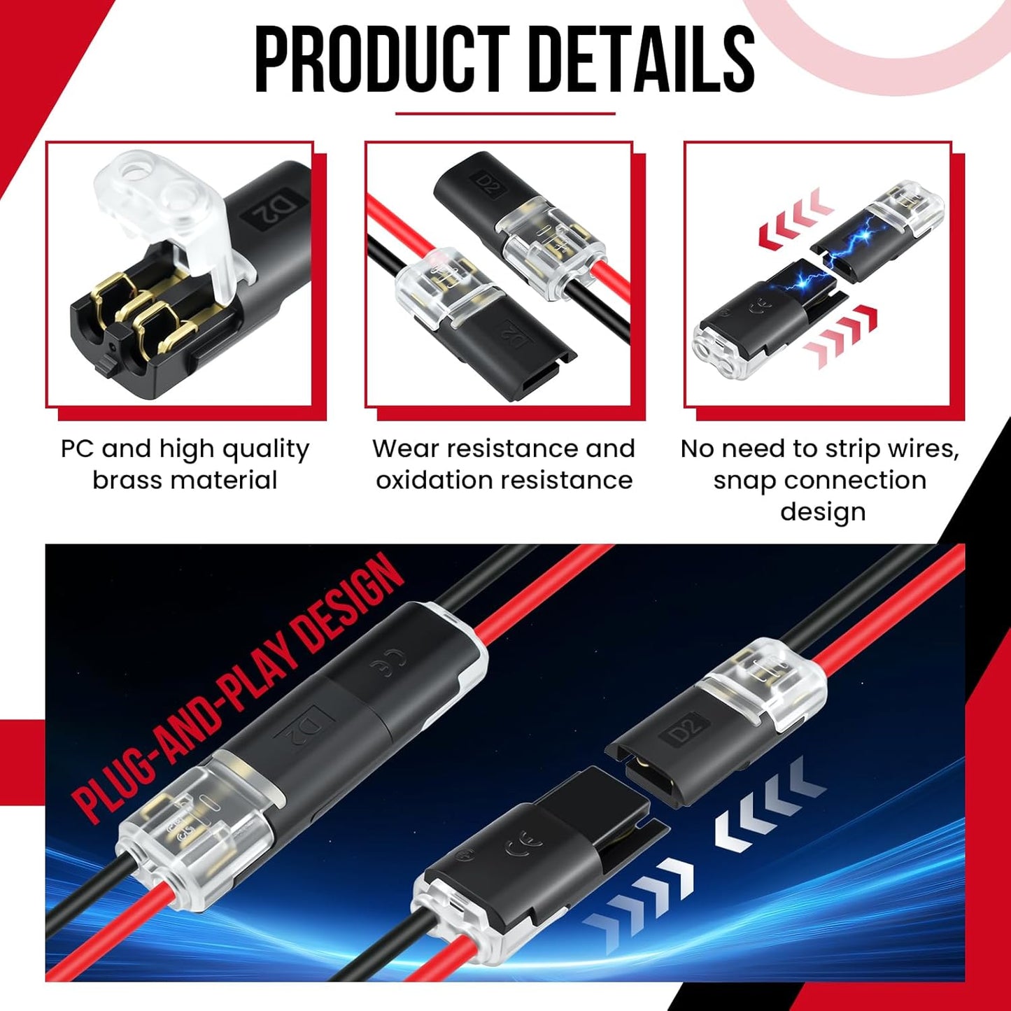 80 conectores enchufables doble cable con hebilla bloqueo