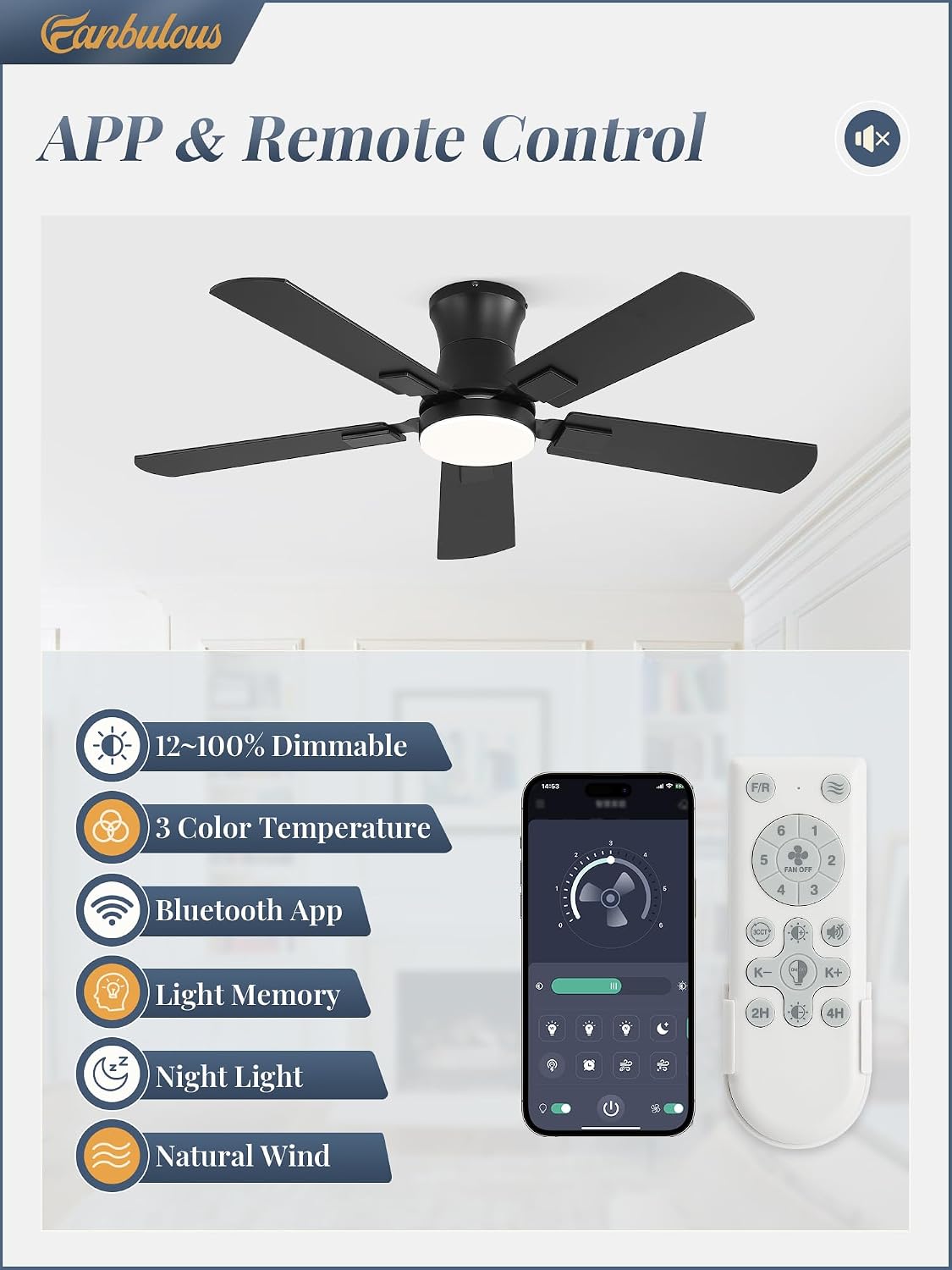 Ventilador techo 42pulg luz LED regulable control remoto