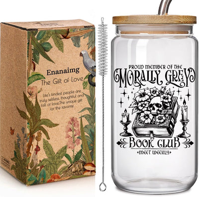 Taza de vidrio con tapa y popote para amantes de los libros