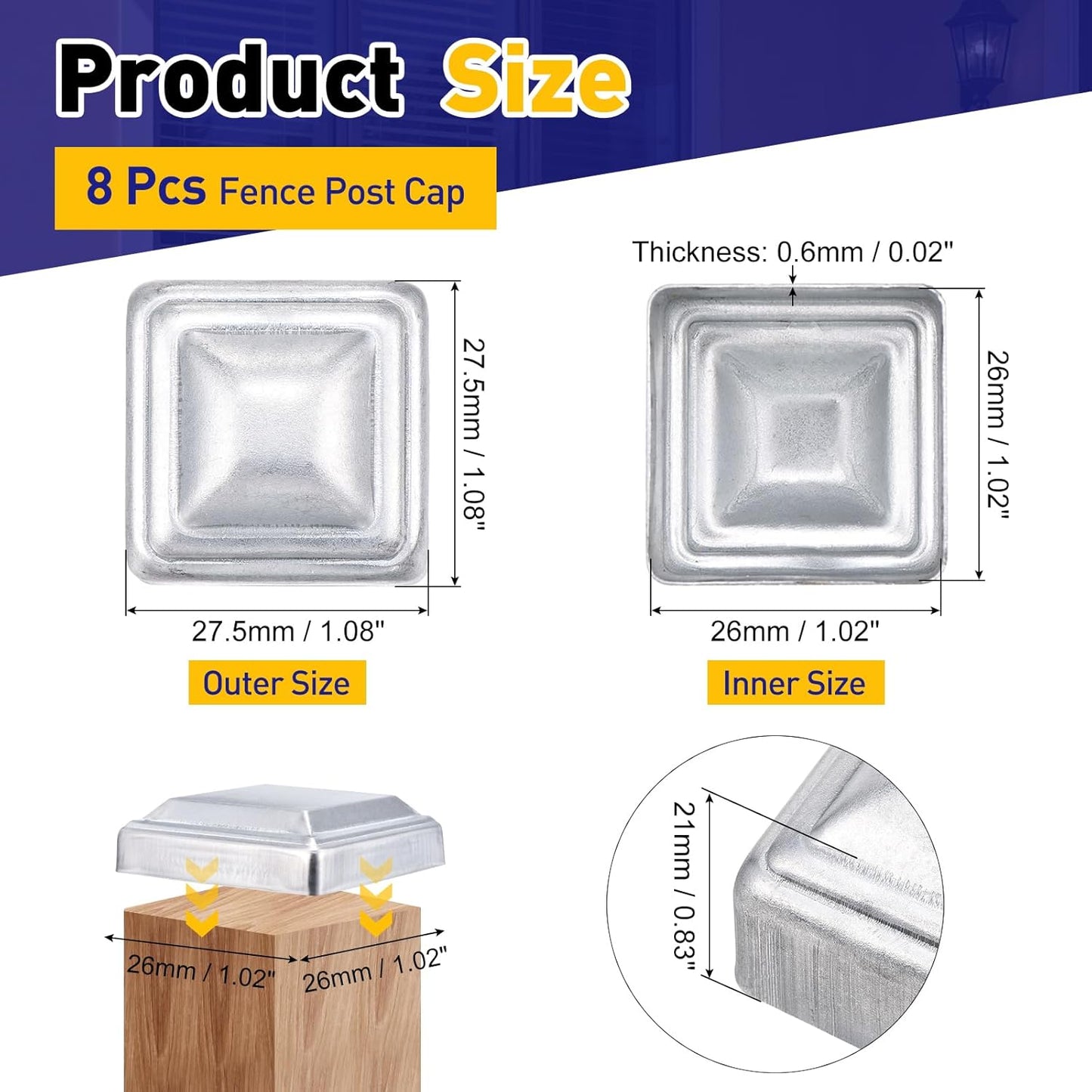 Tapas poste valla tubo 1x1pulg acero galvanizado