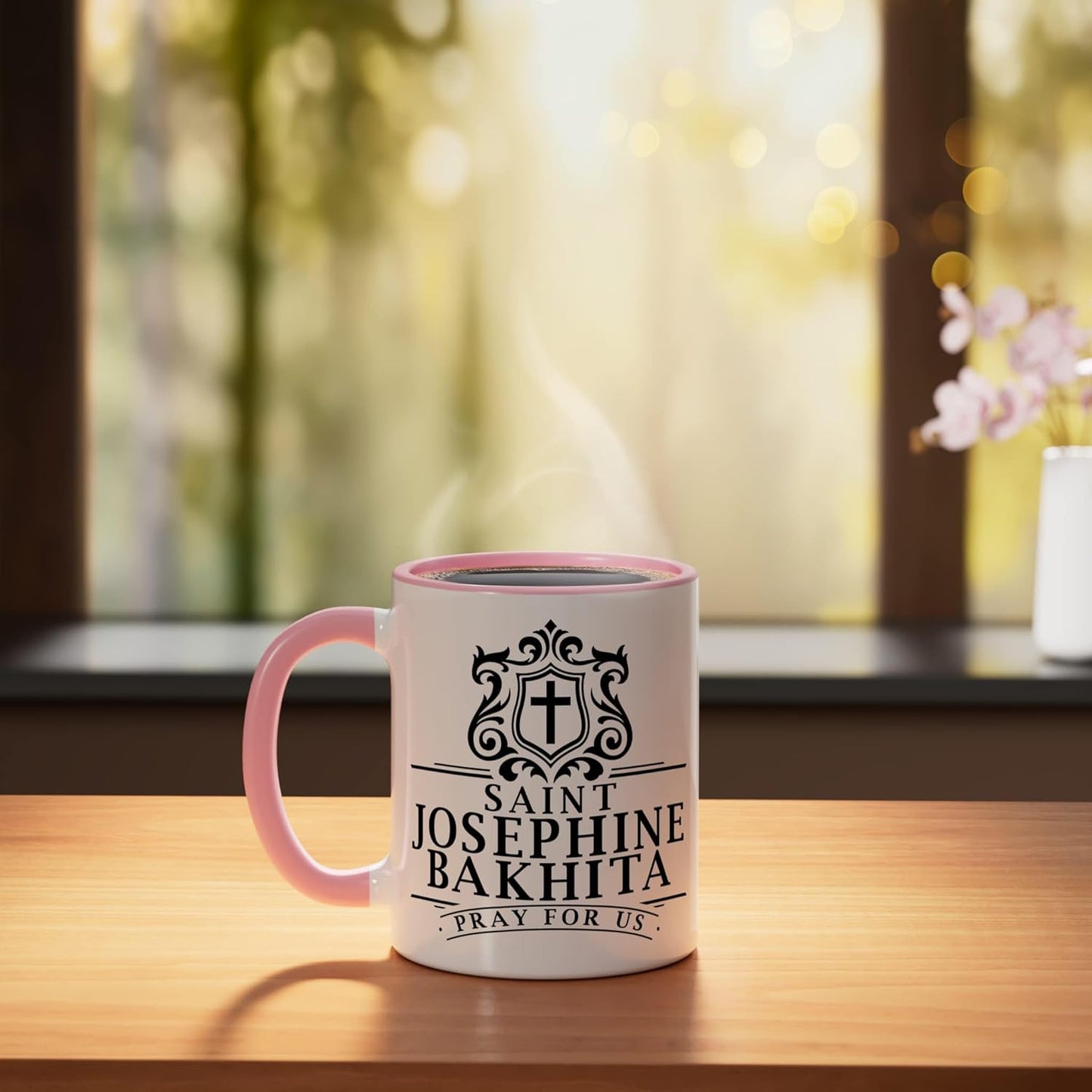Taza cerámica de santo africano St Josephine Bakhita rosa/blanca