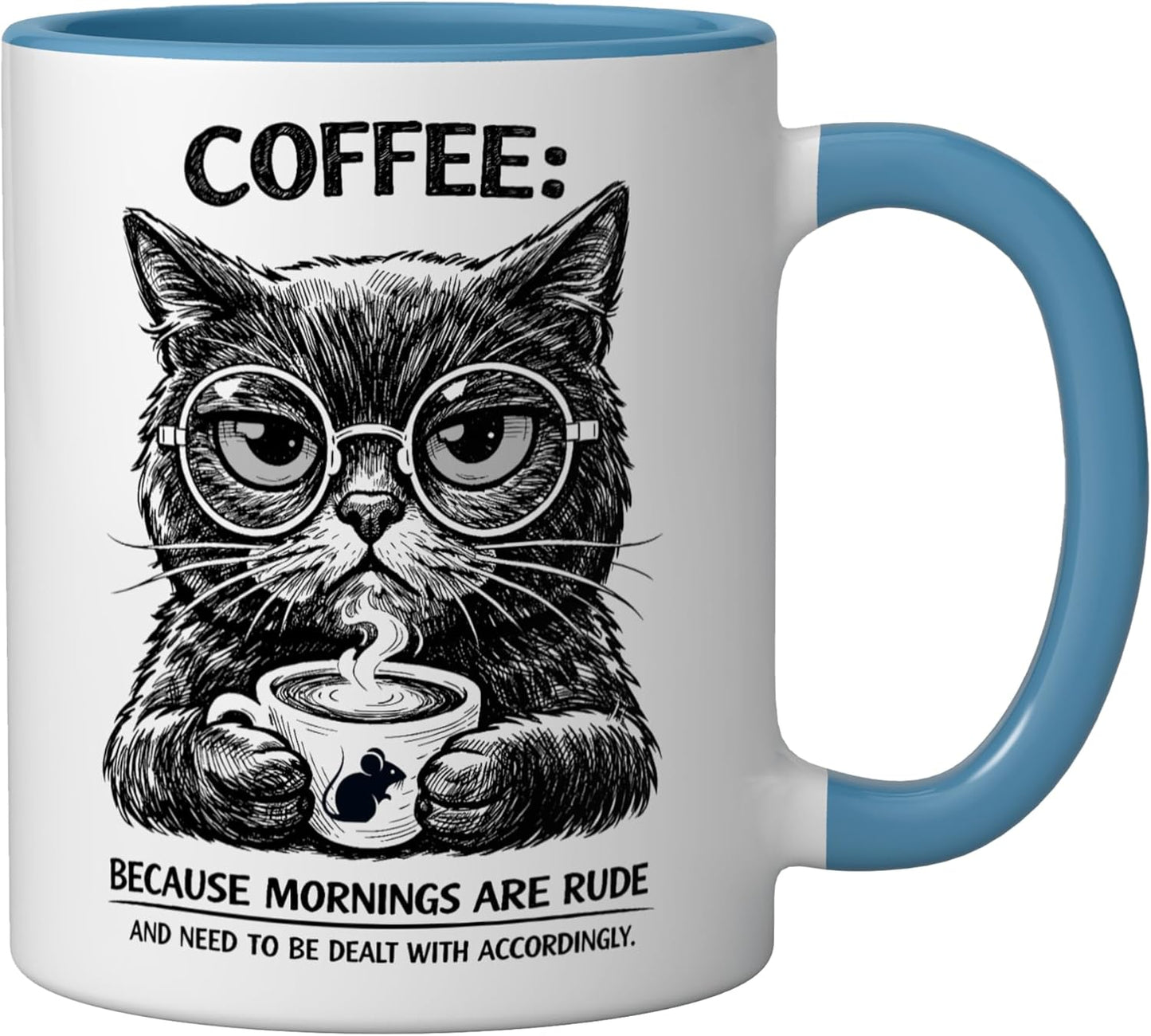 Taza de café cerámica con meme de gato sarcástico azul/blanco