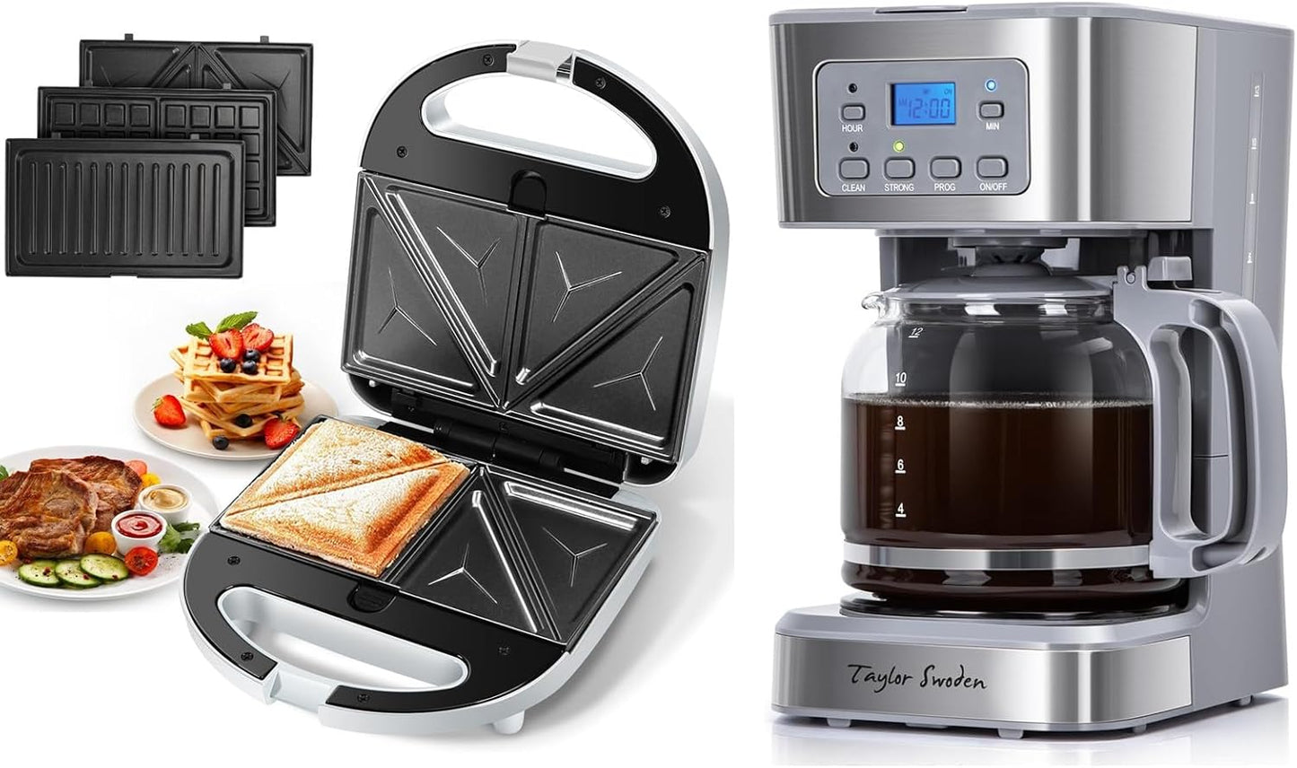 Cafetera Programable 12 Tazas y Sandwichera 3en1 Antiadherente