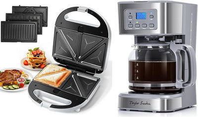 Cafetera Programable 12 Tazas y Sandwichera 3en1 Antiadherente