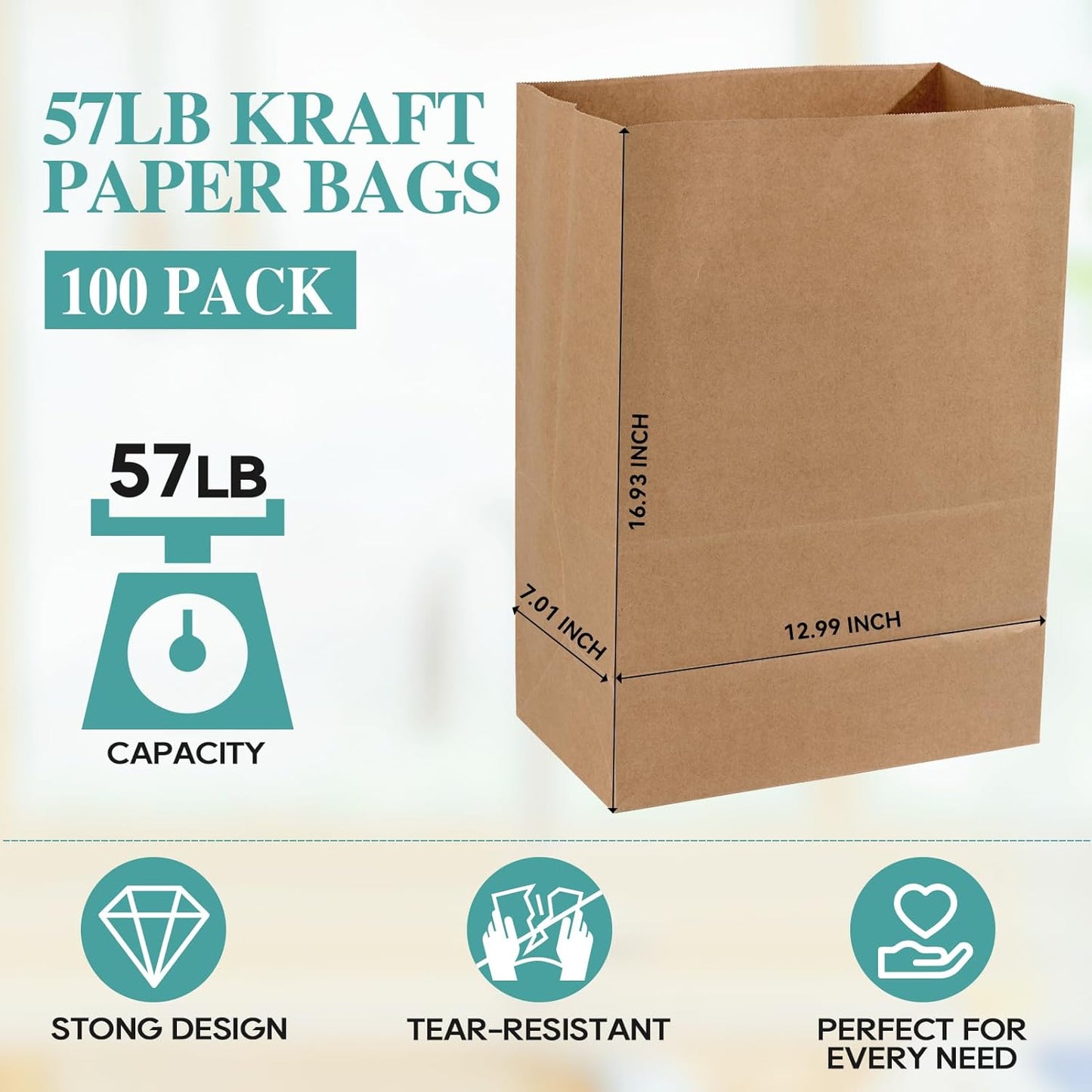 100 Bolsas Kraft Marrón 57lb Almacenamiento Compras