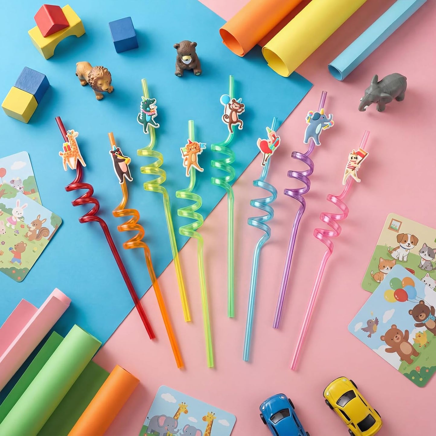 24 Pzas Pajitas Reutilizables Plástico Rizadas Regalo Fiesta