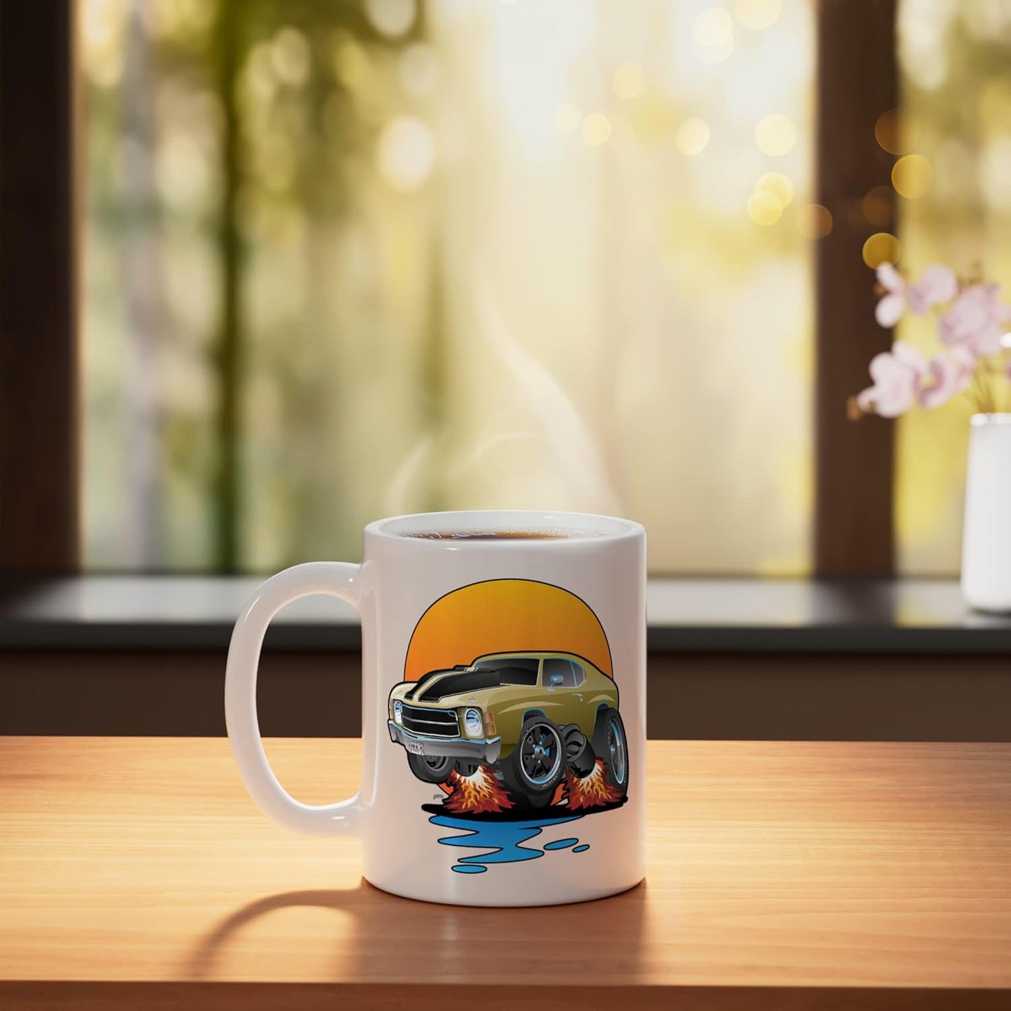 Taza cerámica clásica de coche muscle car hot rod sunset cartoon diseño blanco