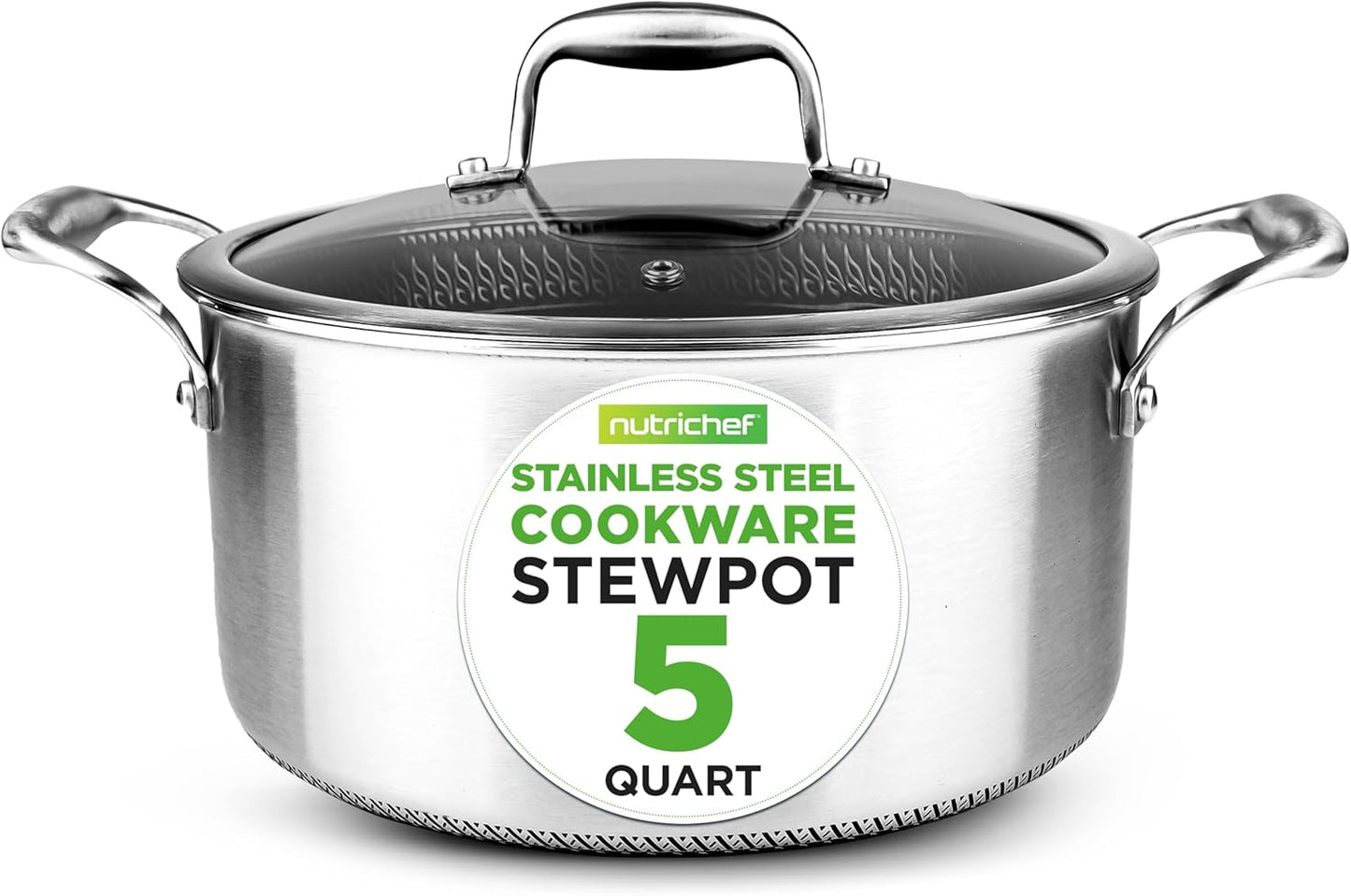 Olla estofado acero inox 5qt con tapa vidrio antiadherente