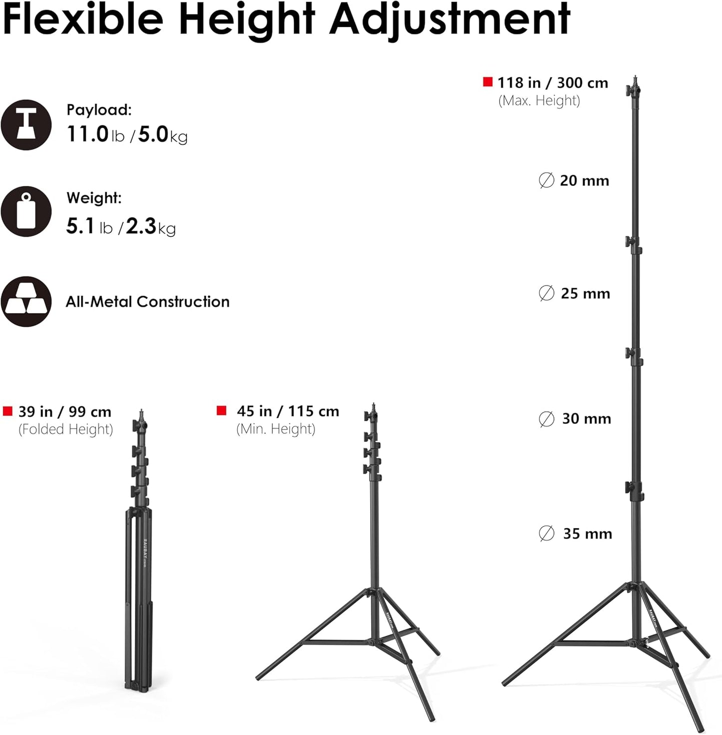 Soporte luz 10ft aluminio ajustable 1/4 y 3/8 pulg