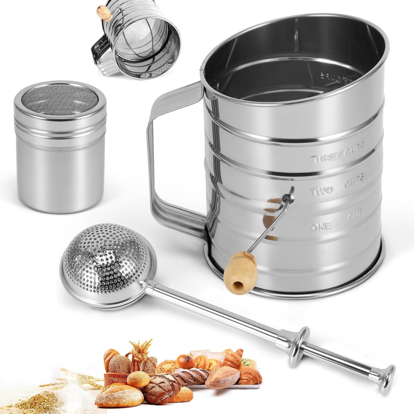 Tamiz de harina 3 en 1 acero inoxidable 3 tazas malla fina con agitador