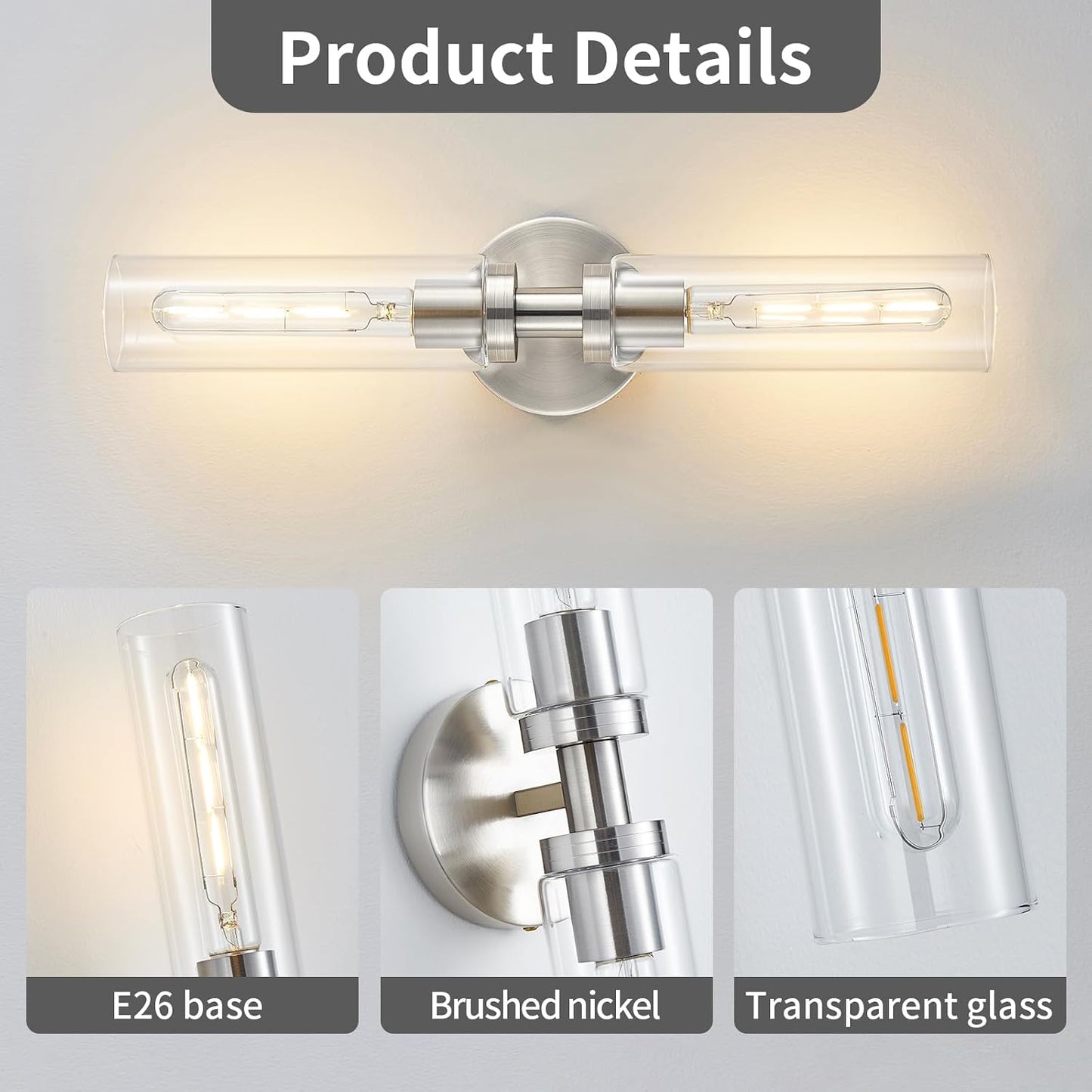 2 Pzas Aplique Baño 2 Luces Níquel Cepillado Vidrio Transparente
