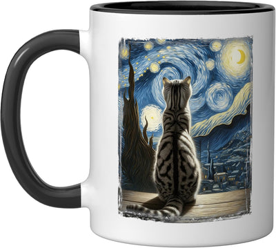 Taza cerámica gato doméstico corto estilo Van Gogh Noche Estrellada negro/blanco