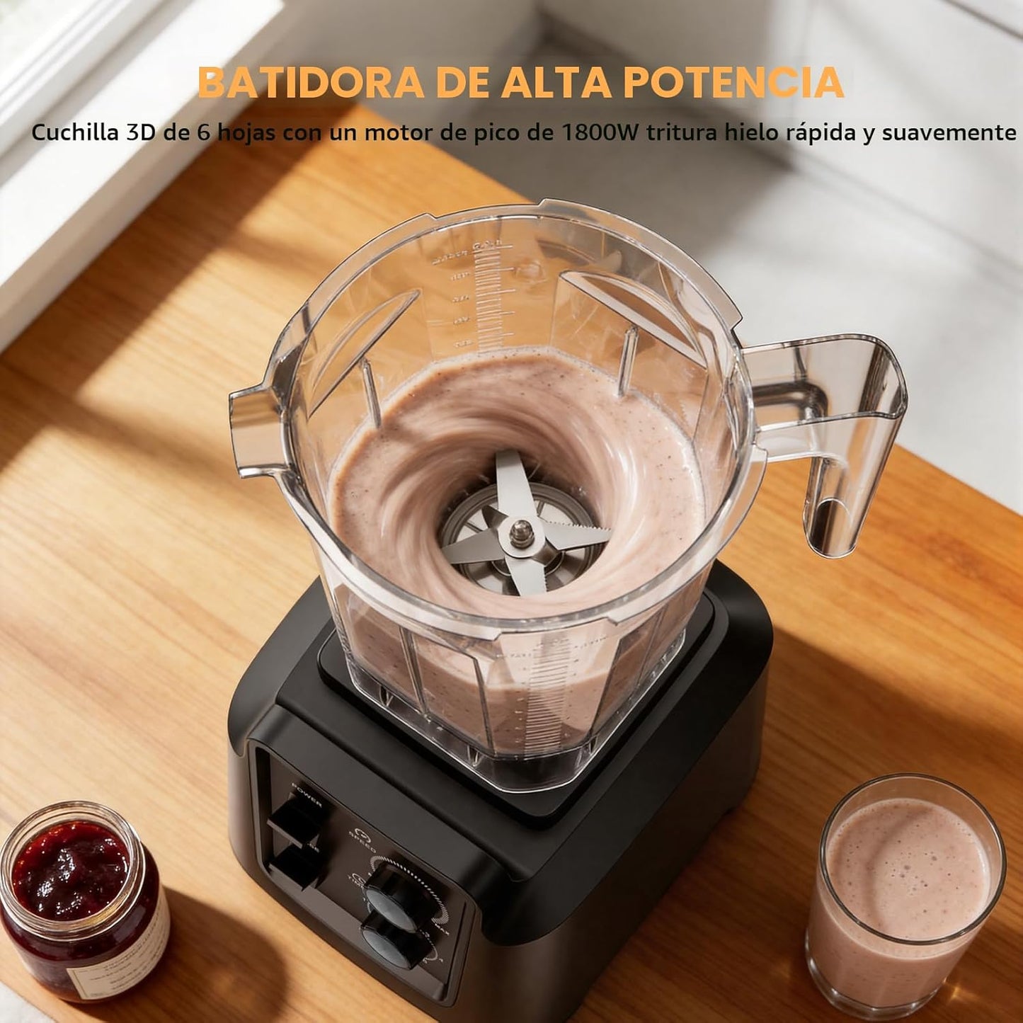 Licuadora 1800W 6 cuchillas tritura hielo con molinillo