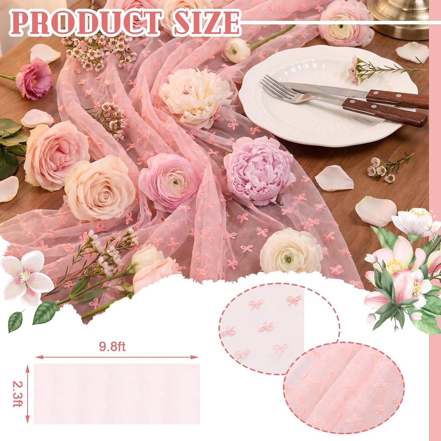 Camino de mesa de tul rosa con lazo 9.8 pies para decoración de hogar y eventos