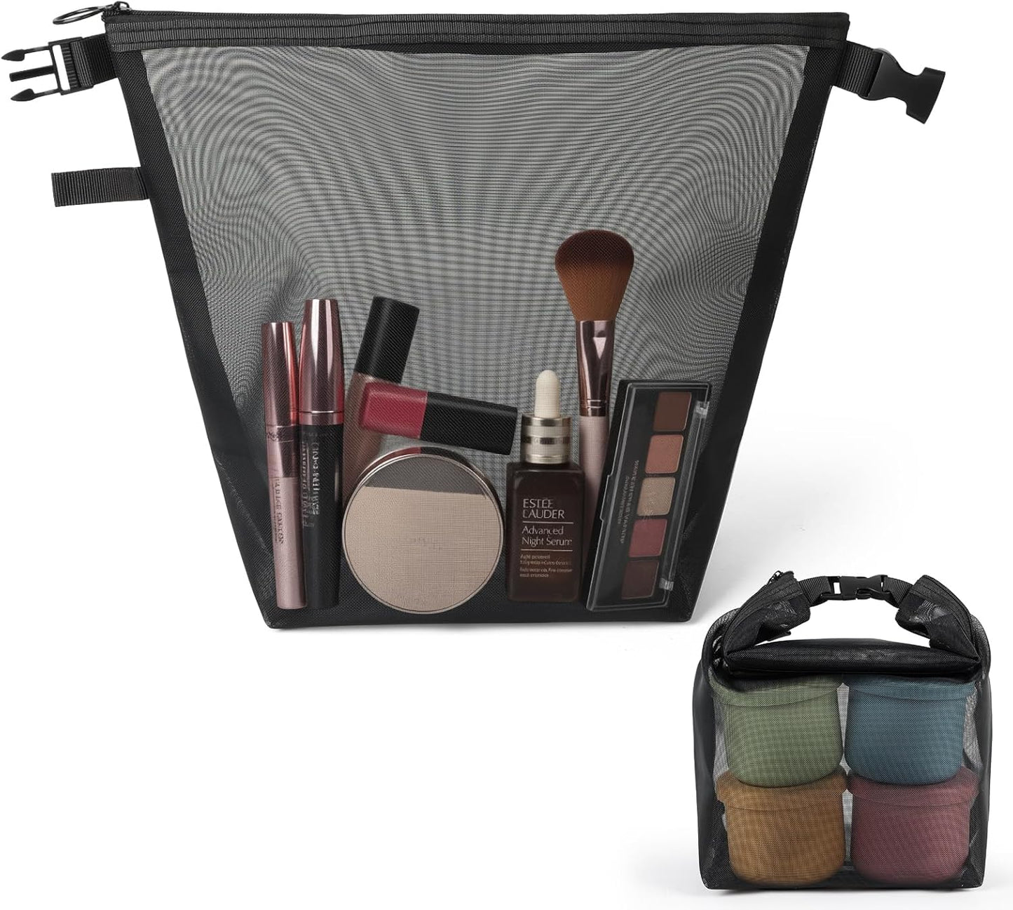 Bolsa maquillaje malla con asa hebilla viaje negro