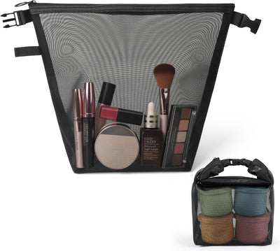 Bolsa maquillaje malla con asa hebilla viaje negro
