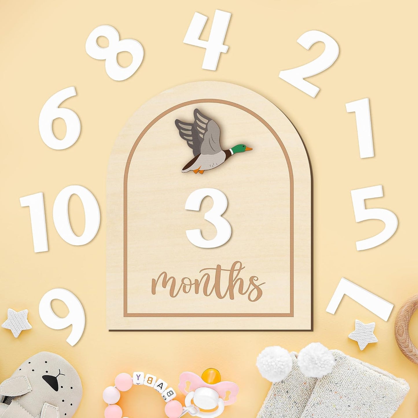 Tarjetas hitos mensuales de madera pato 3D para bebé