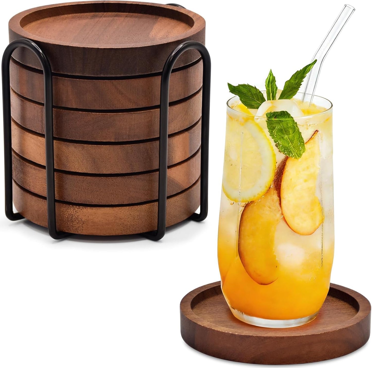 Posavasos de madera con soporte, juego de 6, decoración moderna y rústica