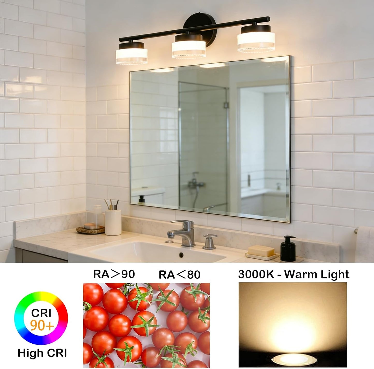 Lámpara LED tocador baño 3 luces 21pulg negro mate