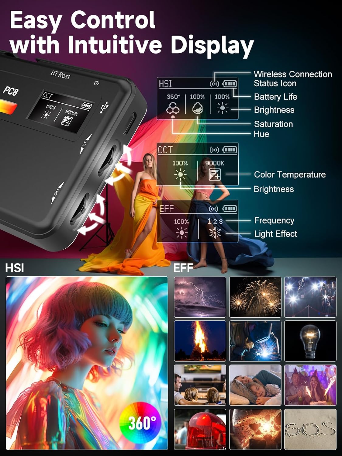 Luz LED RGB para cámara con control inalámbrico y batería larga