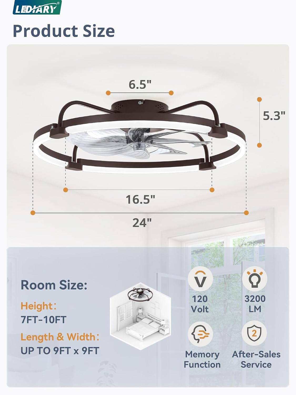 Ventilador techo bajo 24pulg luz LED 6 vel marrón