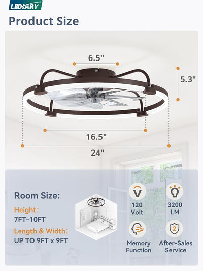 Ventilador techo bajo 24pulg luz LED 6 vel marrón