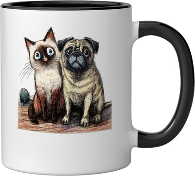 Taza cerámica dibujo gato siamés y perro pug negro/blanco