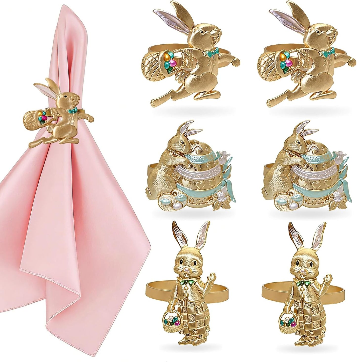 Juego de 6 servilleteros de conejo de Pascua dorado mate para fiestas y decoración rústica