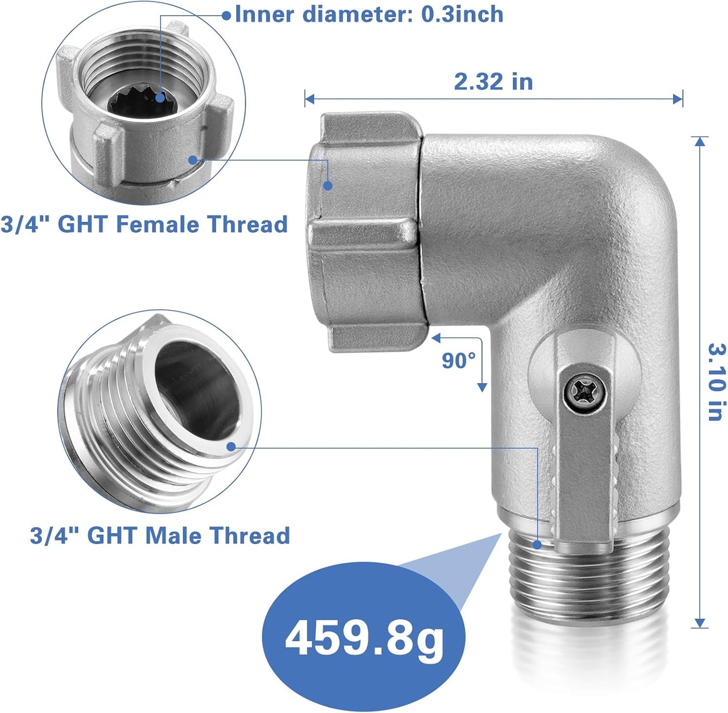 Codo manguera jardín acero inox 304 3/4pulg con válvula