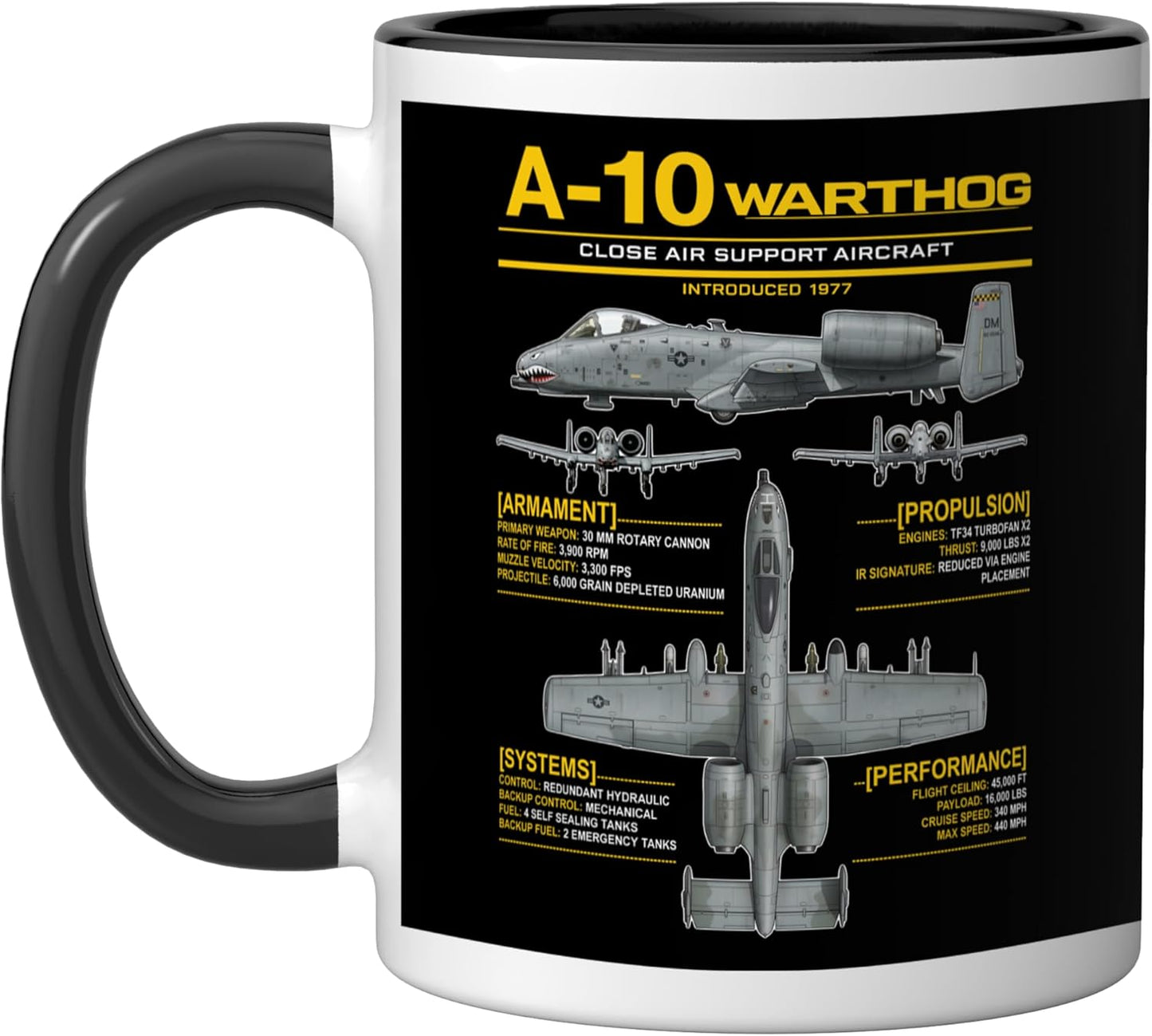 Taza cerámica A-10 Warthog militar infografía amarilla