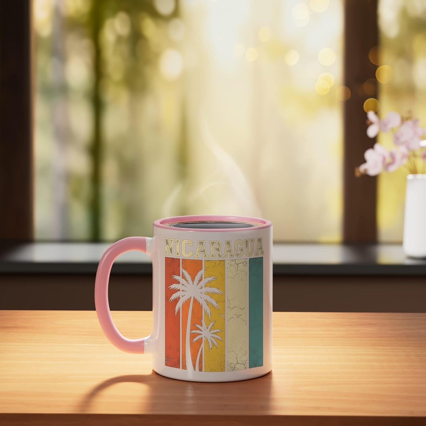 Taza Cerámica Diseño Palmeras Retro Rosa Blanco