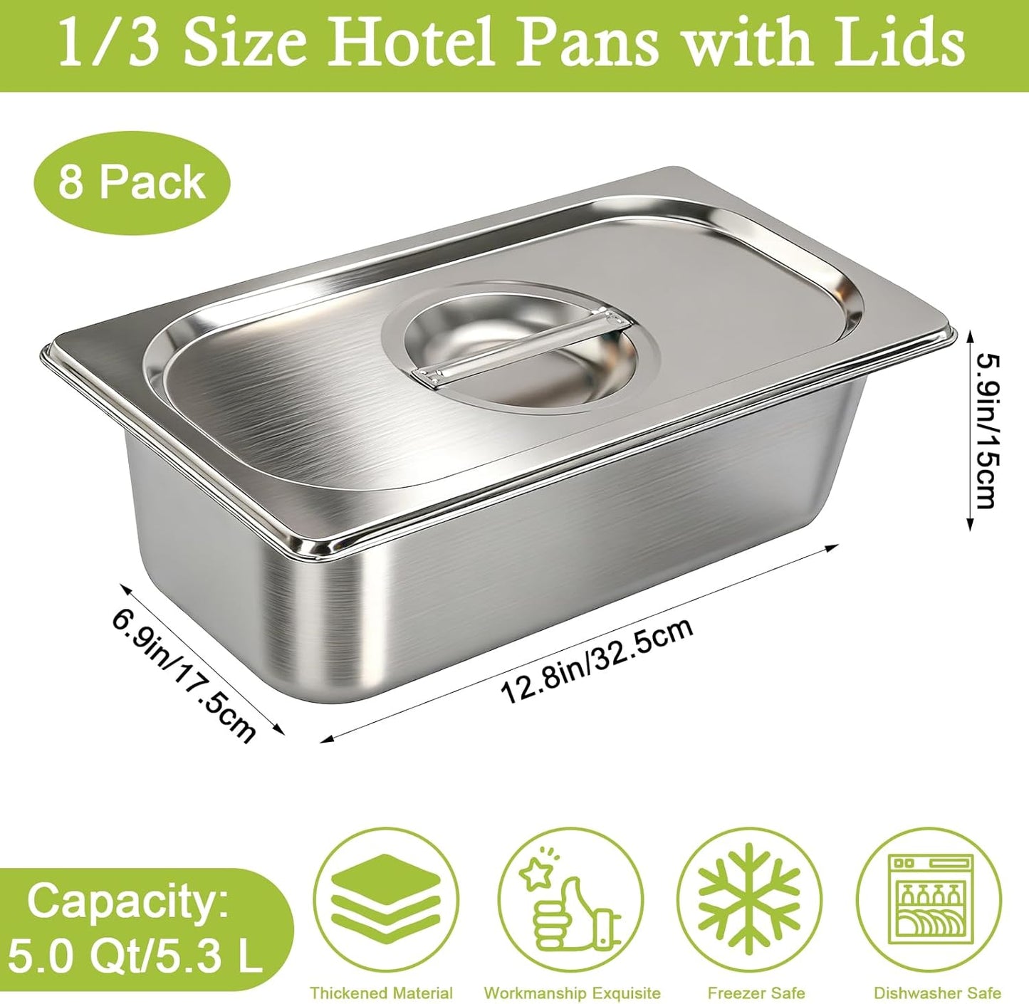 8 Sartenes Hotel 1/3 Con Tapa Contenedor Metal 6pulg
