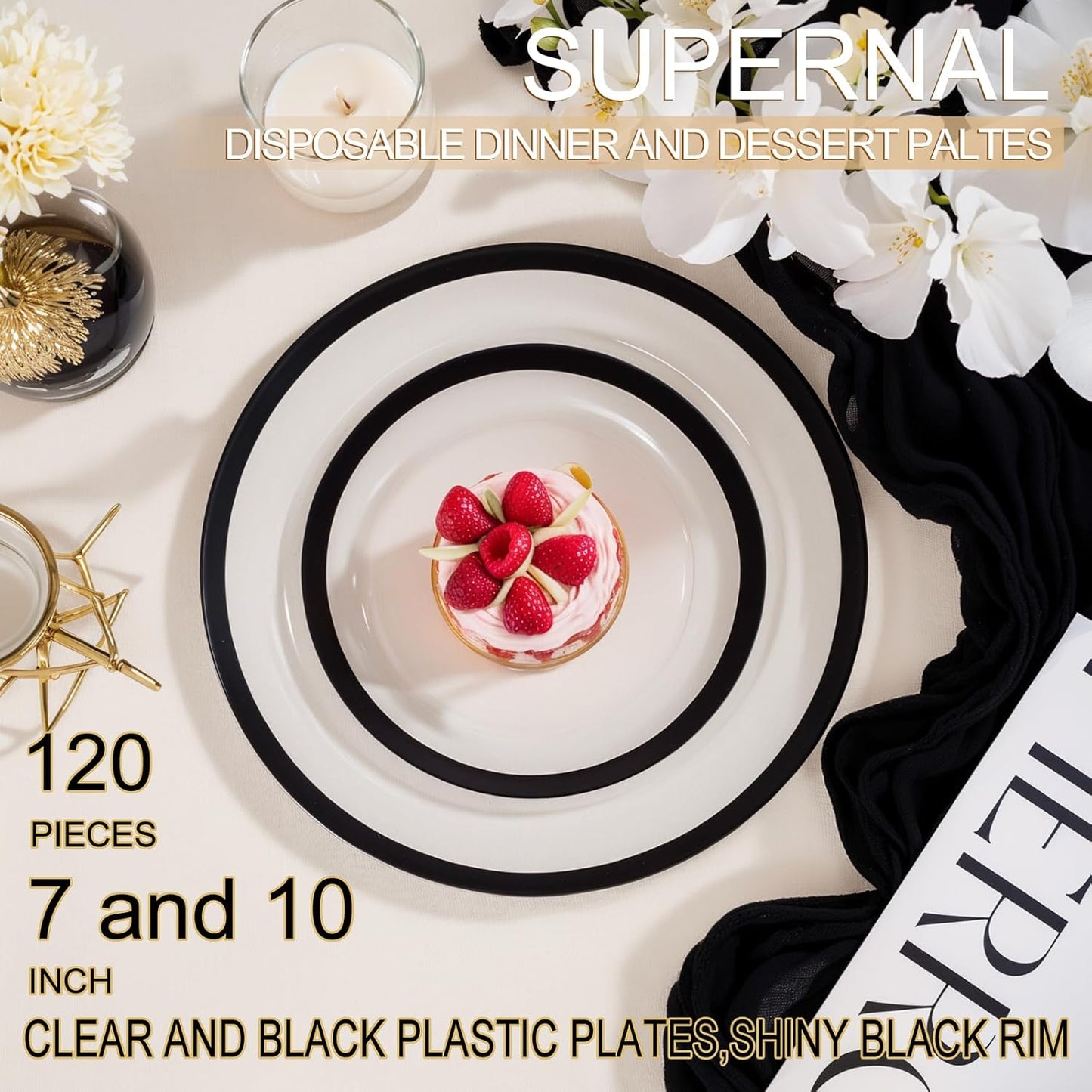 Set 120 platos y 360 piezas utensilios plástico negro