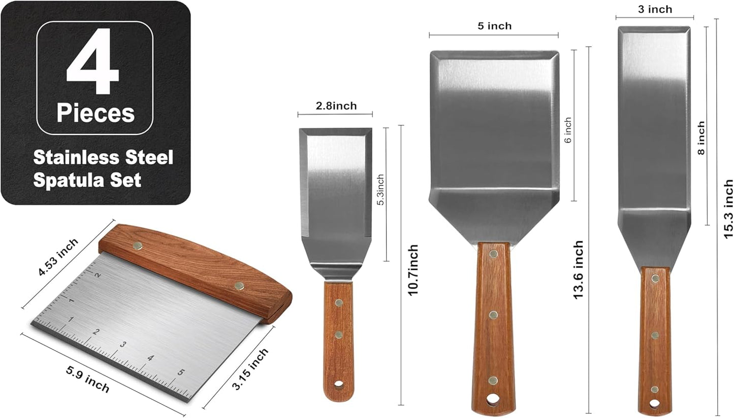4 Pzas Espátula Acero Inox Mango Madera para Blackstone