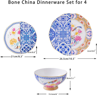 Set 12 Pzas Vajilla Porcelana Hueso Florales Dorado