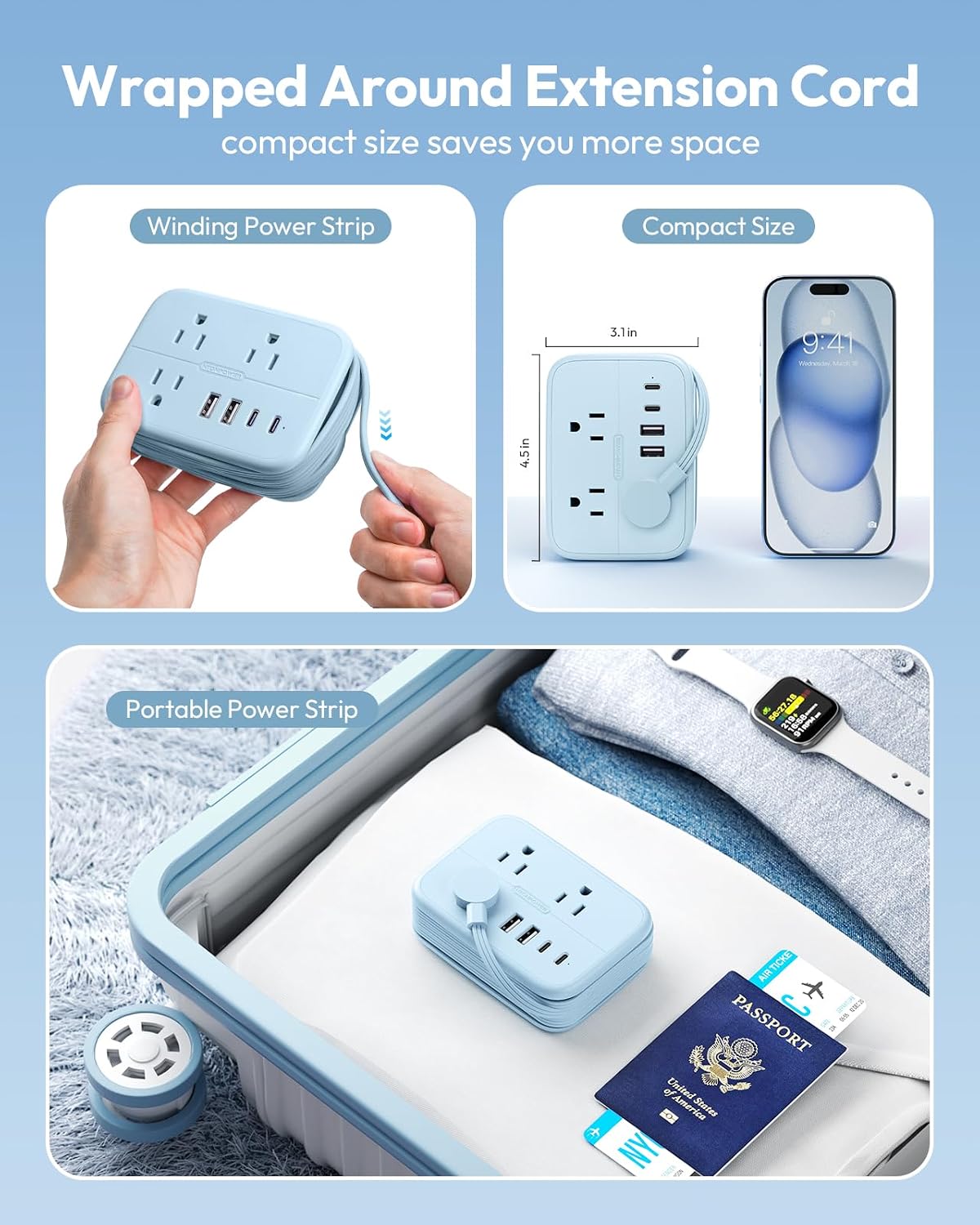 Regleta viaje 6 tomas 4 puertos USB 4ft compacta